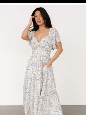 Baltic Born Cream Maxi Dress with Indigo and Yellow Floral Print and Twist Front